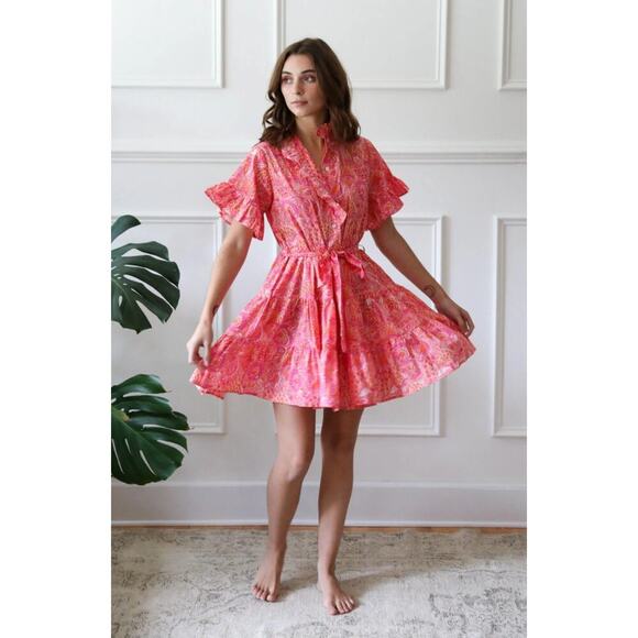 Mille Resort Violetta Ruffle Mini Button Tie Waist Dress Pink Carnation Floral - Picture 1 of 13